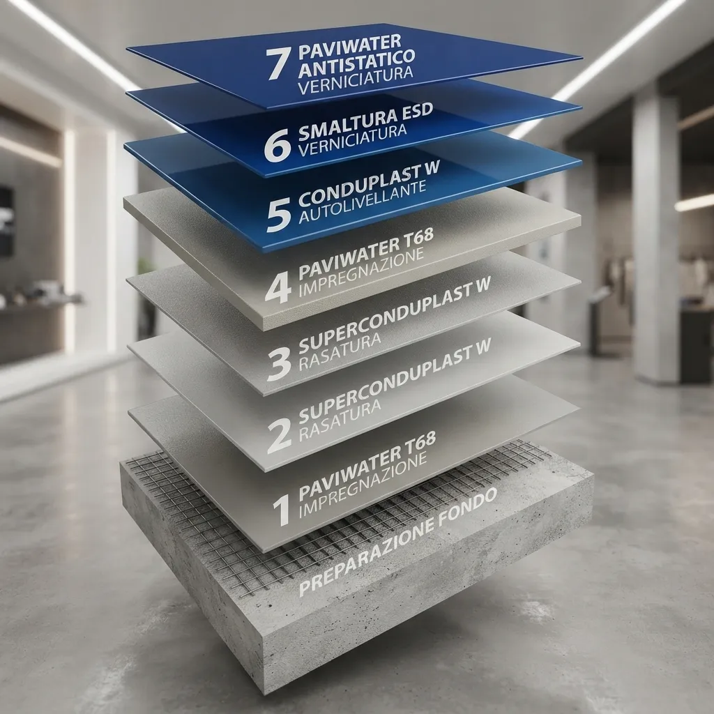 Anti-static vapour permeable self-levelling: build-up of the system