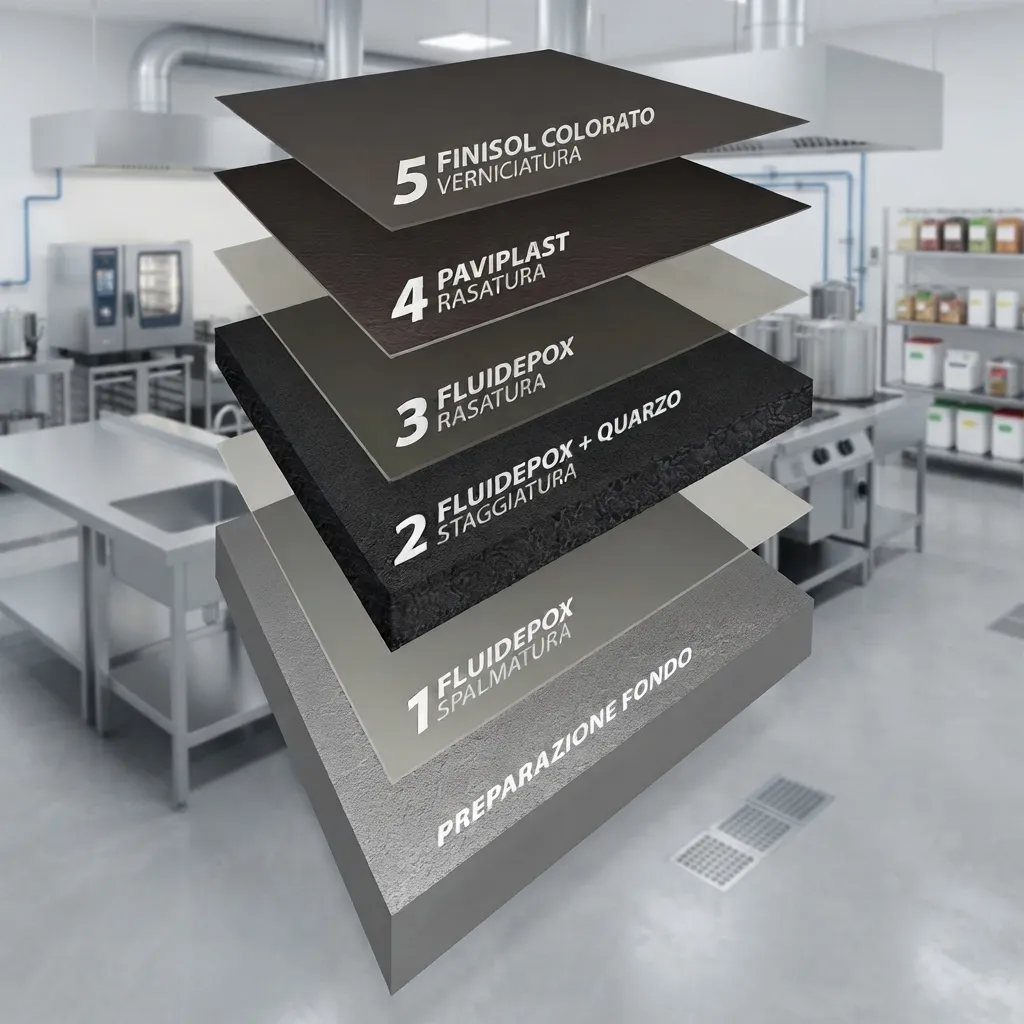 Resinous screed for the food industry: build-up of the system