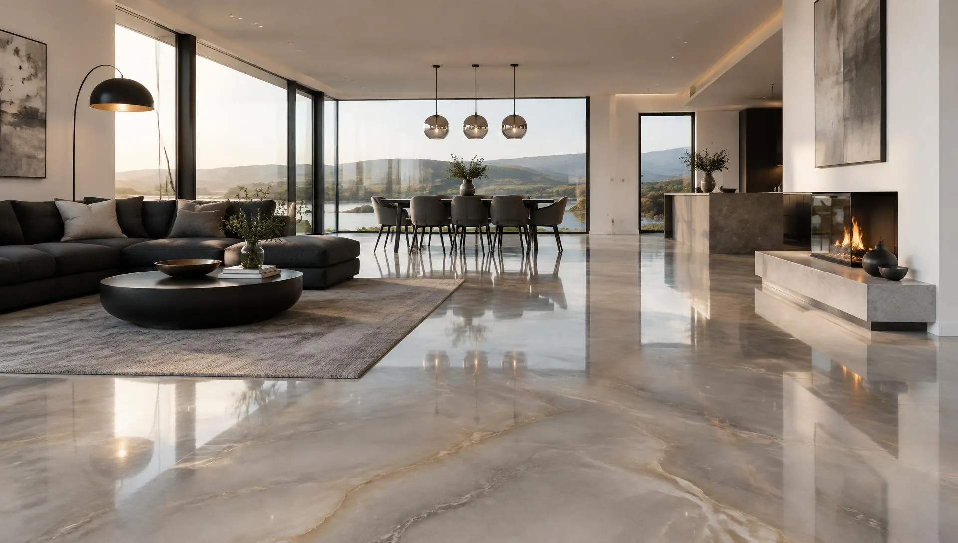 Reflective metallic epoxy floor in a luxury interior